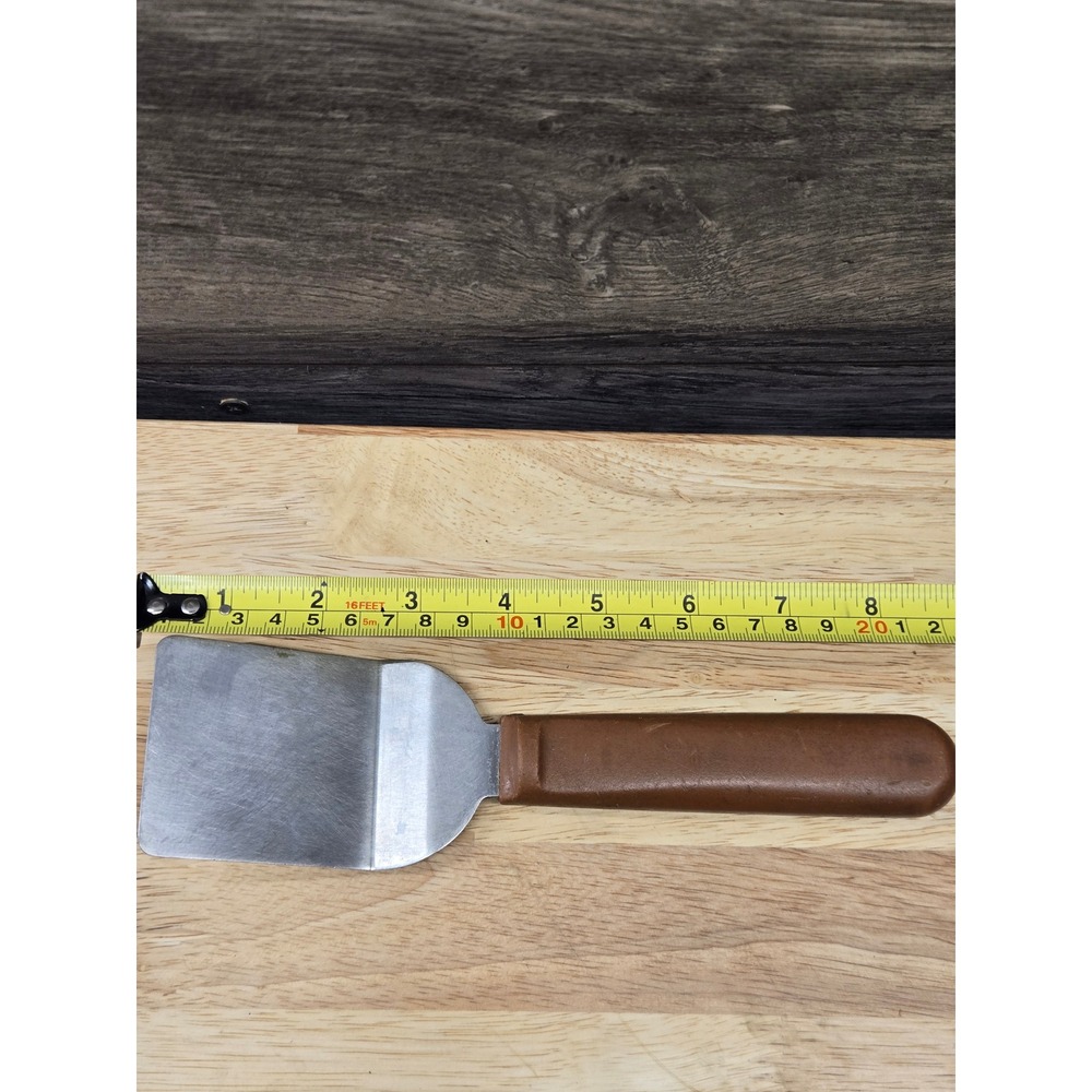 Vintage Flat Metal Spatula Stainless Steel Square Edge Brown Handle 8.5 Inch